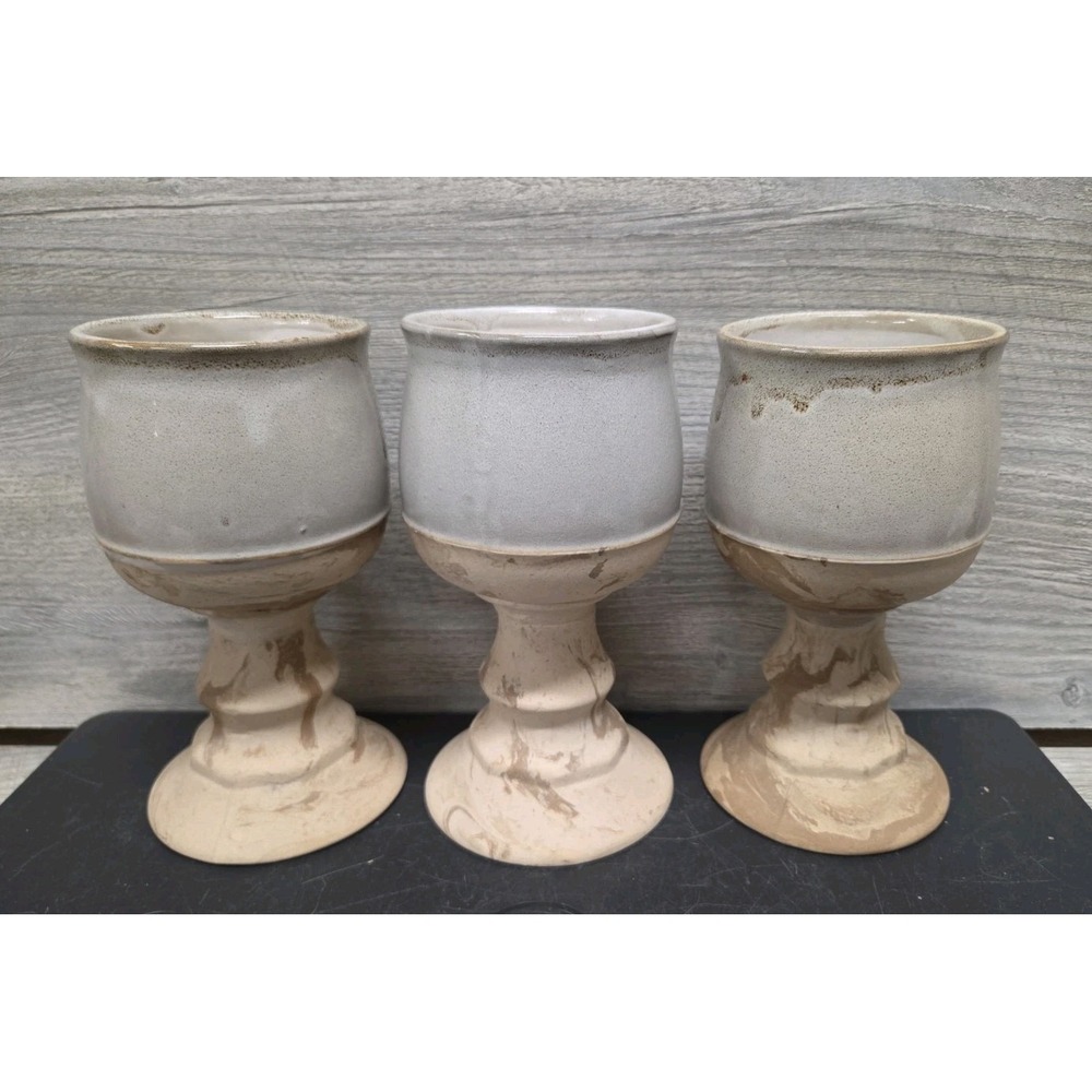 3 Vintage Stoneware Pottery Goblets Handcrafted Rustic Pedestal Cups B3